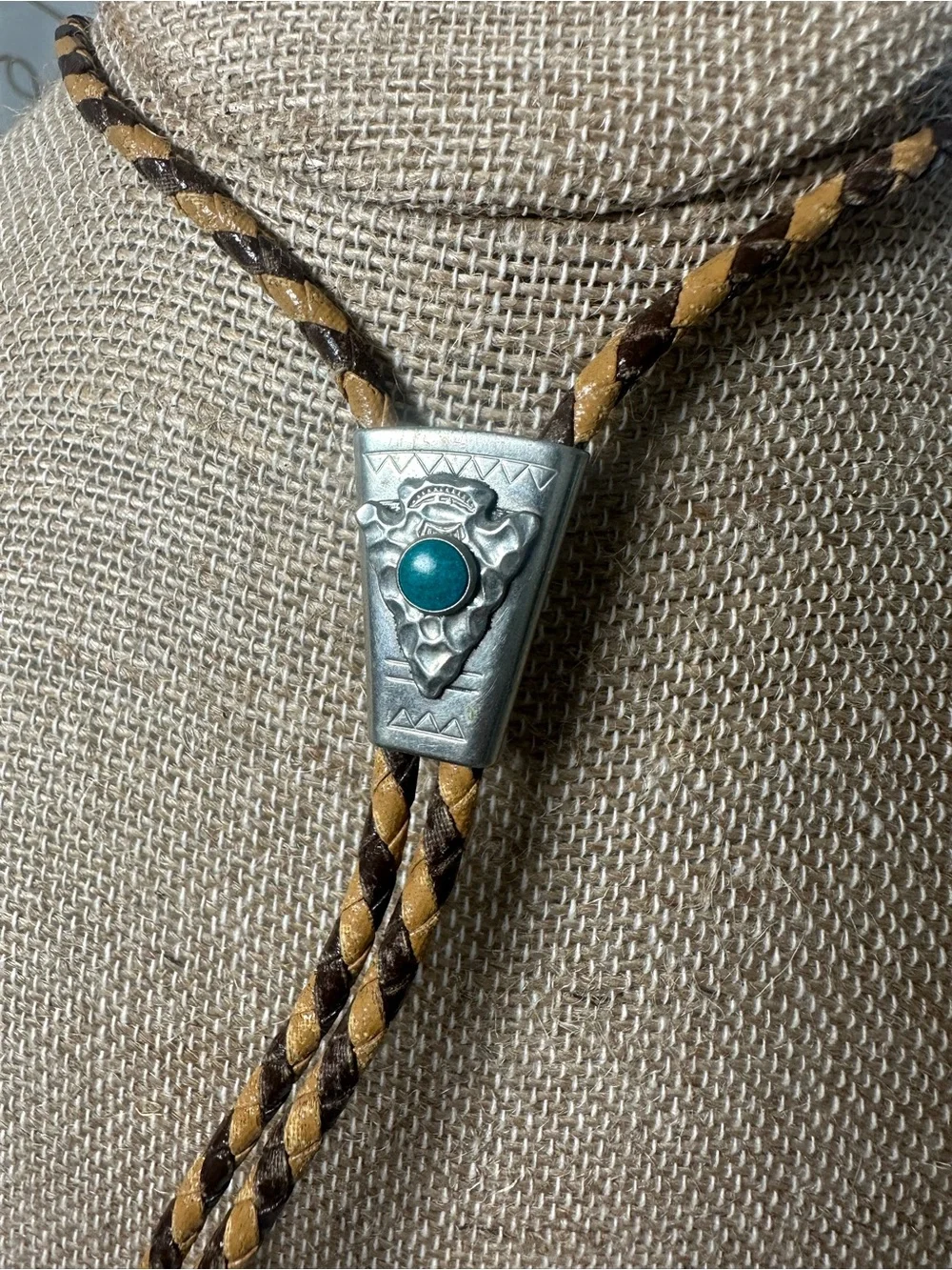 Vintage Western Bolo Tie Brown Tan Braided Leather Turquoise Style Southwest - Picture 2 of 4